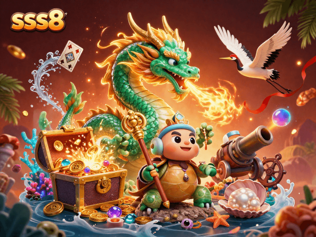Engage with the thrill of gambling at sss8, featuring dynamic casino elements in a vibrant 3D scene.