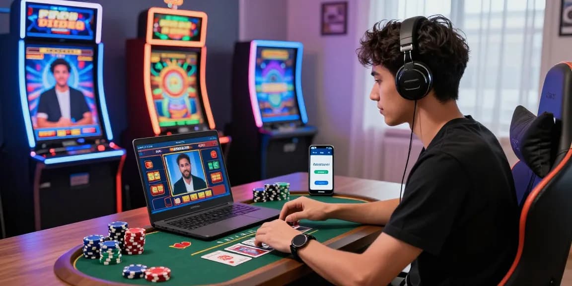 Spieler genießt ein aufregendes Erlebnis in einem Paysafe Card Casino mit Live-Dealer-Spielen, umgeben von lebhaften Spielautomaten.