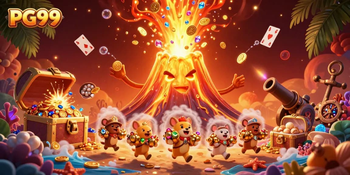 Fleeing animals gather treasure in this dynamic PG99 casino illustration featuring a volcanic eruption of gold.