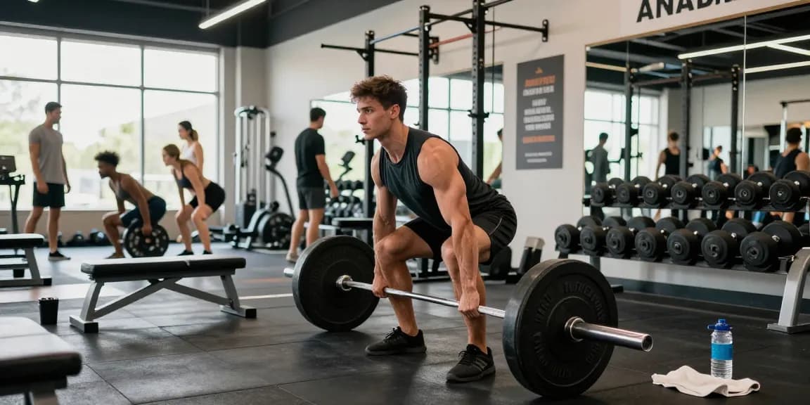 Anabolika Shop Fitness-Szene mit einem Mann, der Gewichte in einem lebhaften Fitnessstudio hebt und Stärke sowie Engagement zeigt.