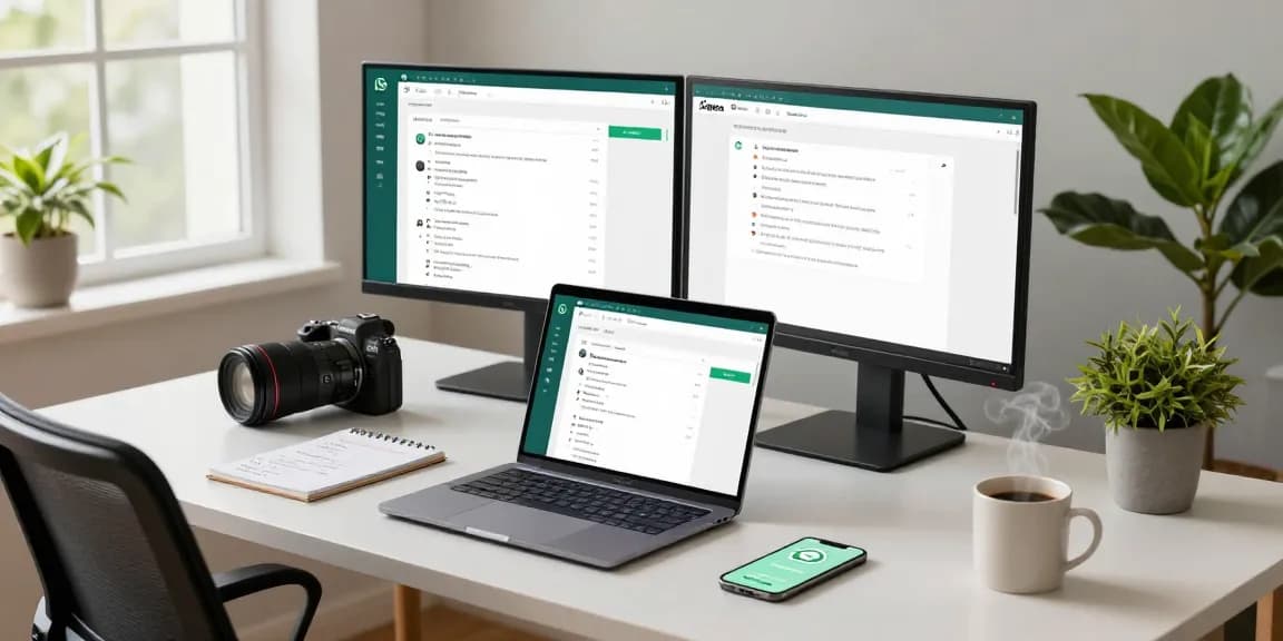 Engaging with WhatsApp電腦版 in a sleek home office setup featuring productivity tools and a calming atmosphere.