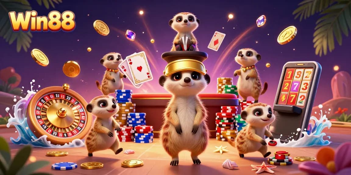 Win88 meerkats managing a vibrant casino with chips and cards flying, showcasing dynamic action.