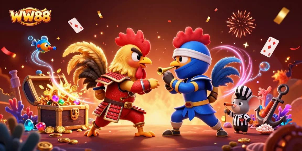 Engage in thrilling gameplay at WW88 with illustrated fighting roosters in an exciting casino scene.