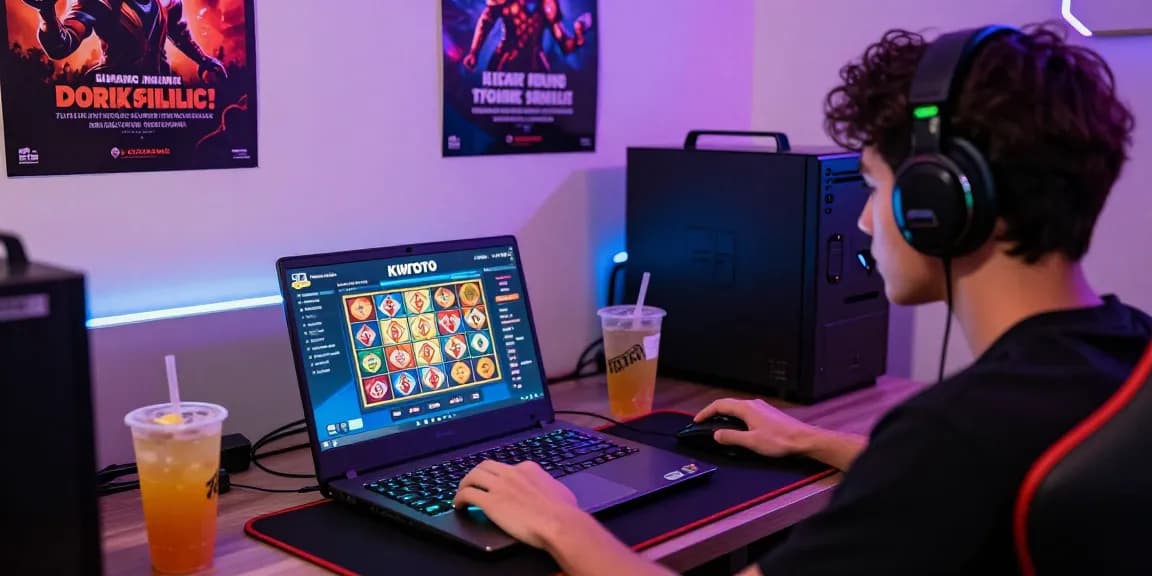Pengalaman bermain yang seru di KIWTOTO dengan laptop dan peralatan gaming yang cerah.