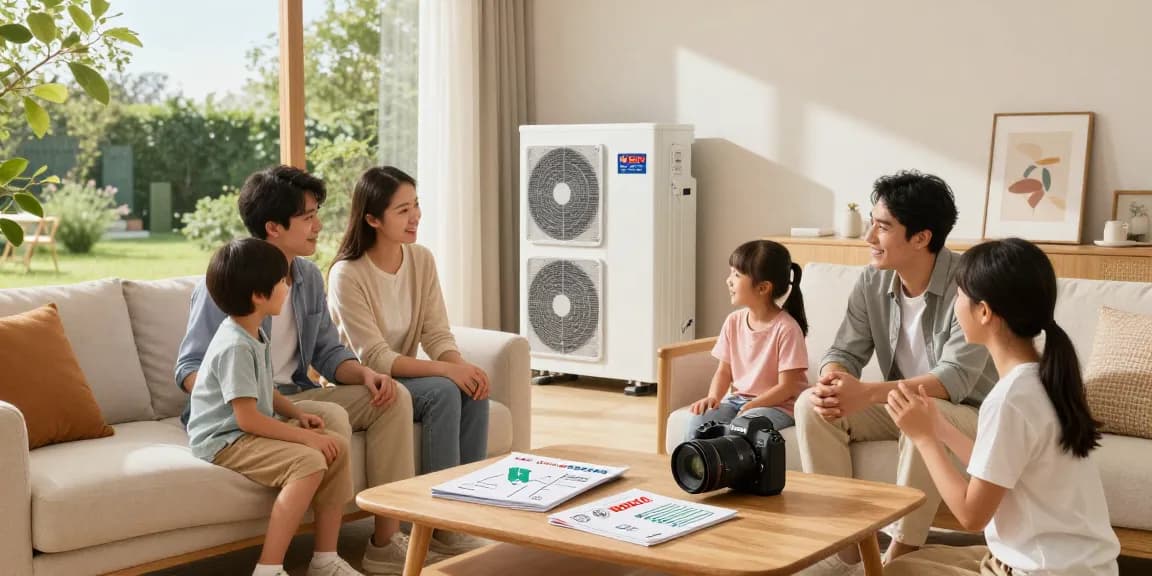 Cozy living room with wärmepumpe bosch installation demonstrating energy efficiency and family comfort.
