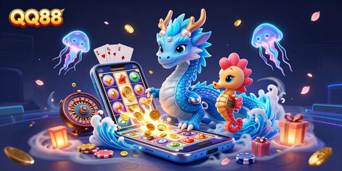 Experience QQ88's thrilling gaming scene with immersive characters and casino elements.