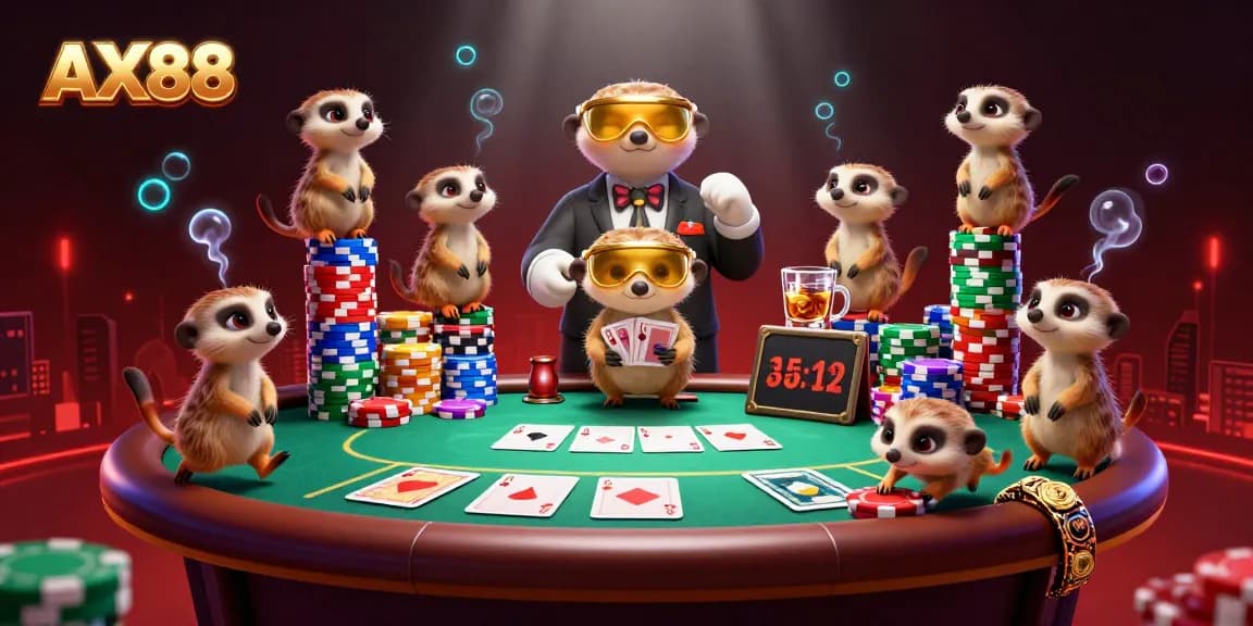 AX88 meerkats managing a colorful casino operation with poker tables and vibrant decorations.