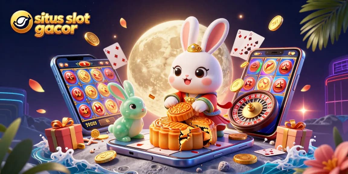 Experience the excitement with situs slot gacor featuring a moon rabbit, poker chips, and colorful slot game elements.