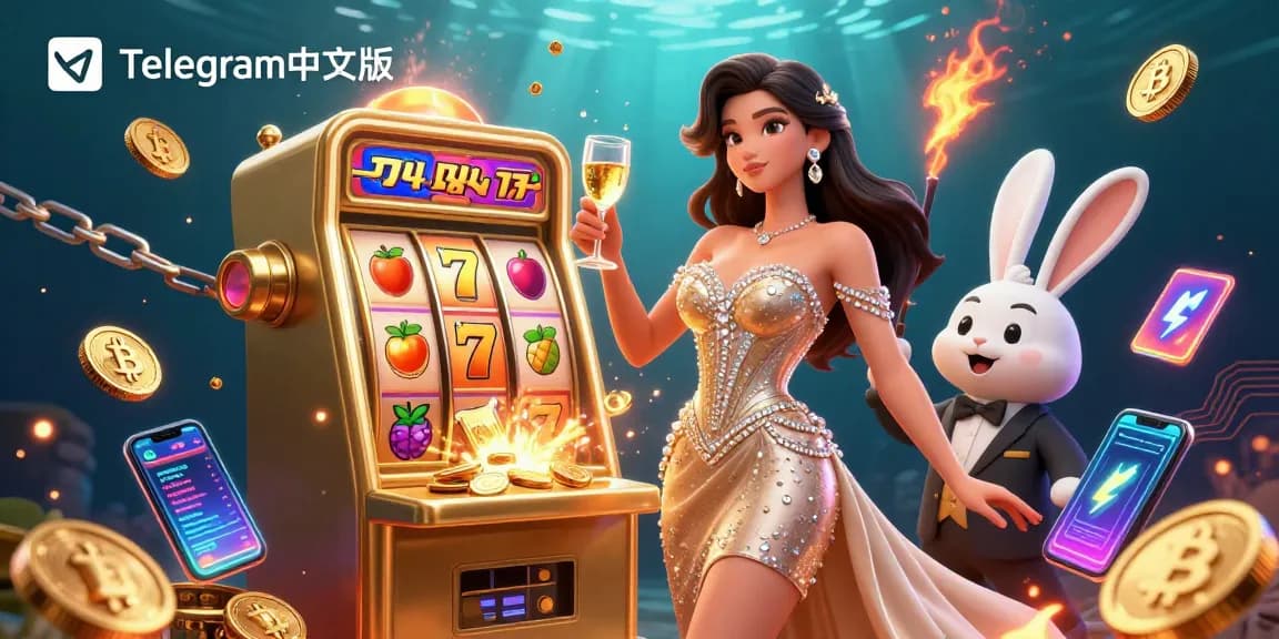 体验与Telegram中文版的赌博刺激，一位惊艳女性在金色彩金老虎机旁举杯庆祝。