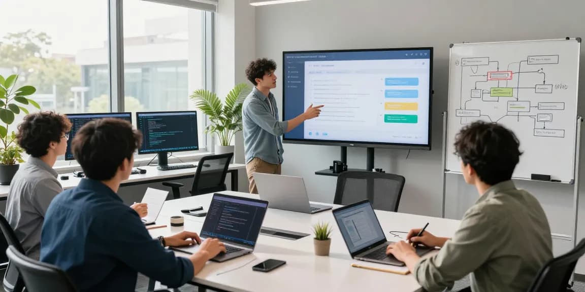 Team collaborating to build internal tools with AI in a modern tech workspace.