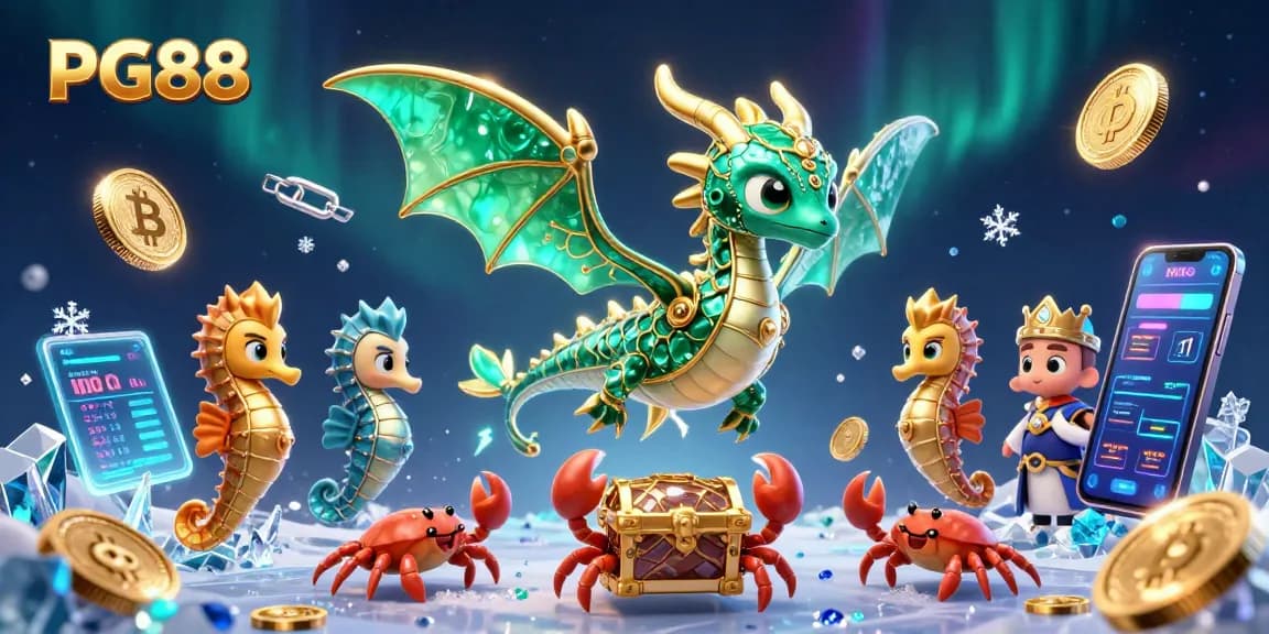 Experience PG88 with a vibrant underwater scene featuring a sea dragon, crypto coins, and gaming elements.