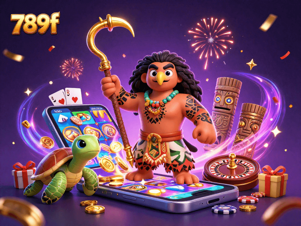 Experience the thrill of 789f's gaming universe with a vibrant 3D casino illustration.
