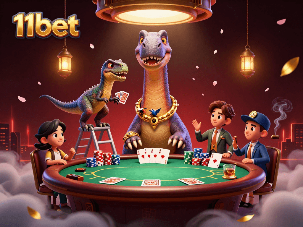 Engage with lively poker action at 11bet featuring a tall dinosaur overseeing a vibrant casino scene.