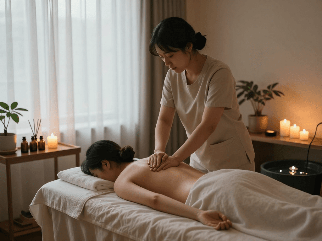 Relaxing 부천출장마사지 session in a tranquil wellness room with candles and soothing ambiance.
