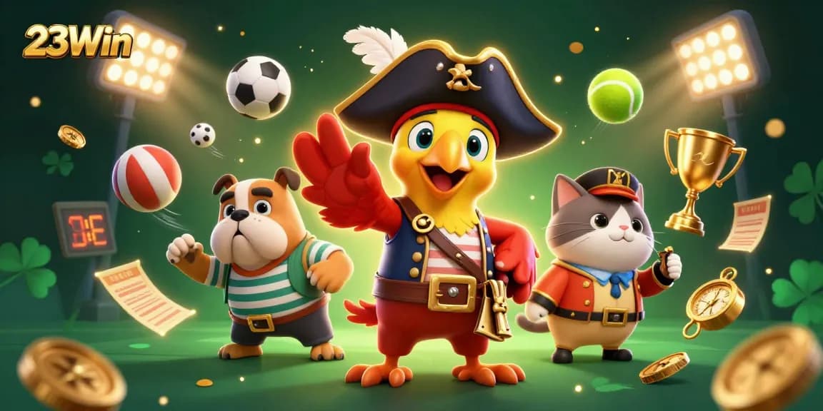 Experience the excitement of 23Win with lively gambling characters and dynamic sports elements.