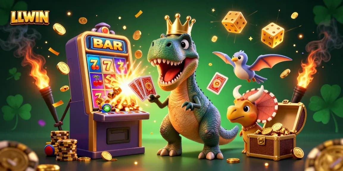 Engaging LLWIN scene with joyful dinosaur characters immersed in a vibrant casino adventure filled with jackpots, cards, and golden coins.