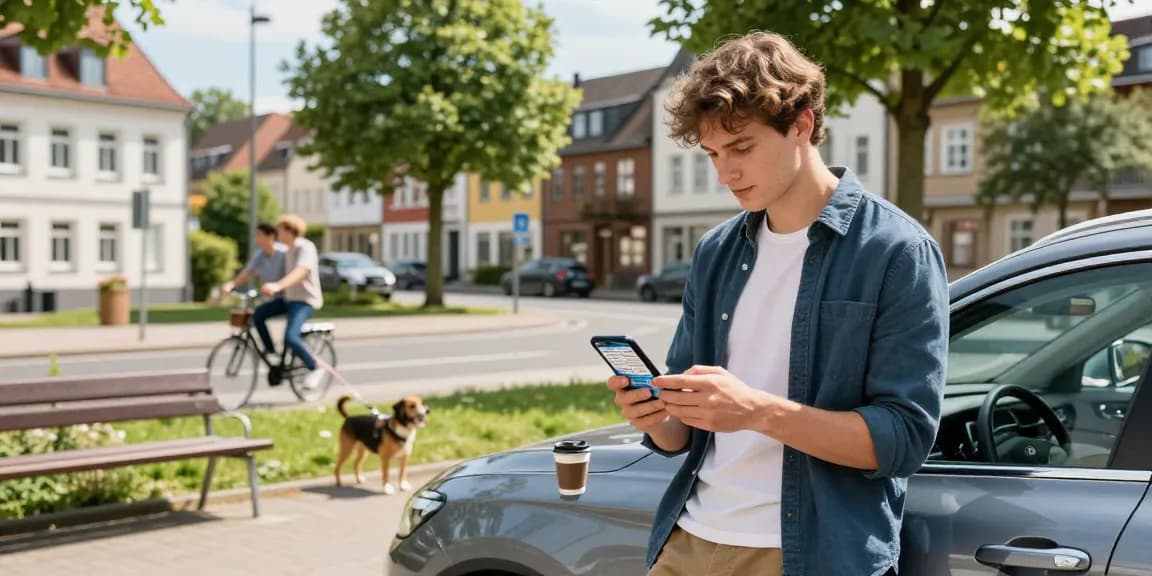 Autoversicherung in Dortmund: Junge Fahrerin vergleicht günstigste Tarife für Autos auf ihrem Smartphone in typischer Dortmunder Nachbarschaft.
