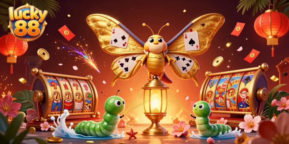 Experience the excitement of lucky 88 with a vibrant 3D casino illustration featuring golden moths and dynamic game elements.