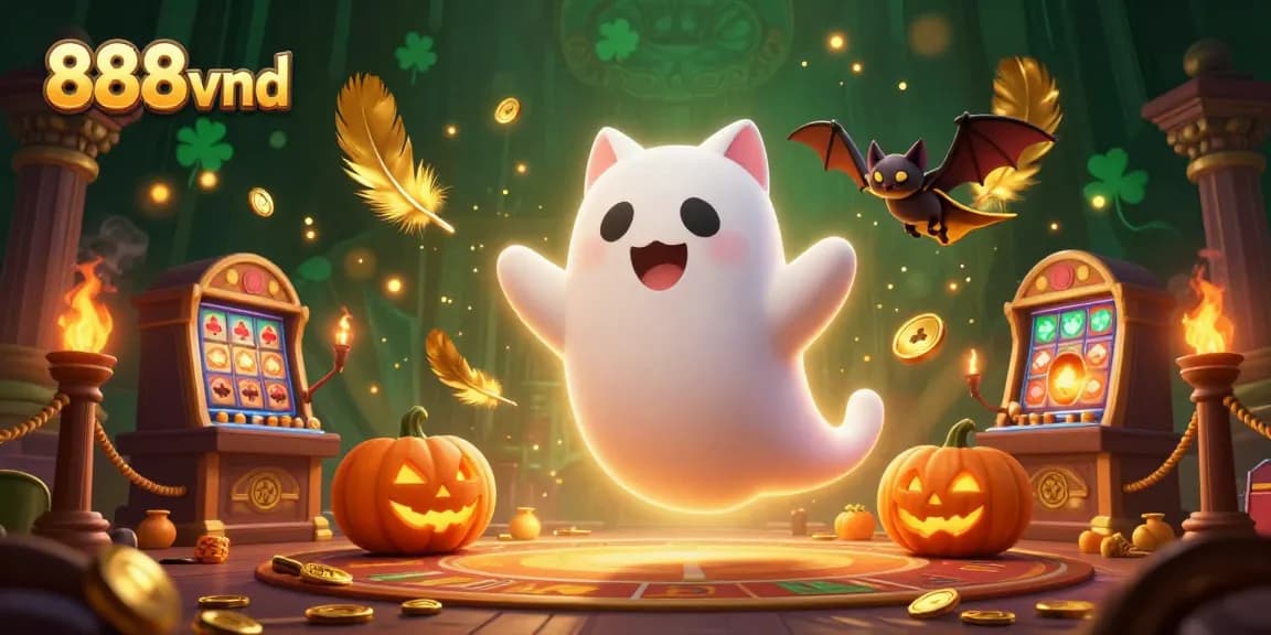 Engage with 888vnd's thrilling haunted casino scene featuring a playful ghost cat and a vampire bat.
