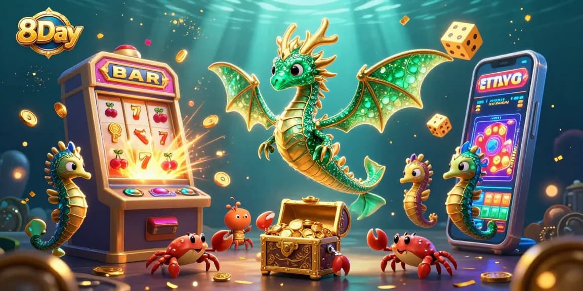 Experience the excitement of 8Day with a vibrant casino-themed underwater scene showcasing a sea dragon, guards, and treasure.