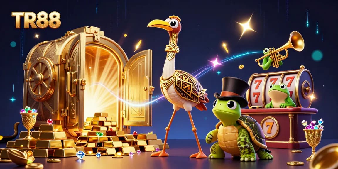 Experience TR88's vibrant casino scene with a flapper crane, turtle, and frog amid dazzling treasures.