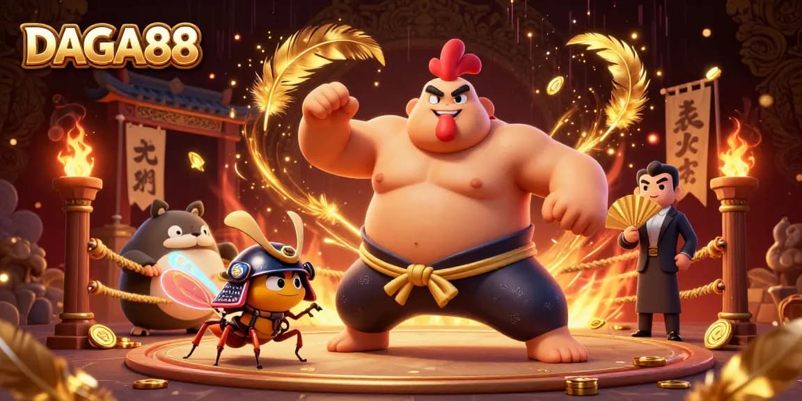 DAGA88 showcases intense cockfighting action featuring a sumo rooster and samurai cricket in a vibrant arena.