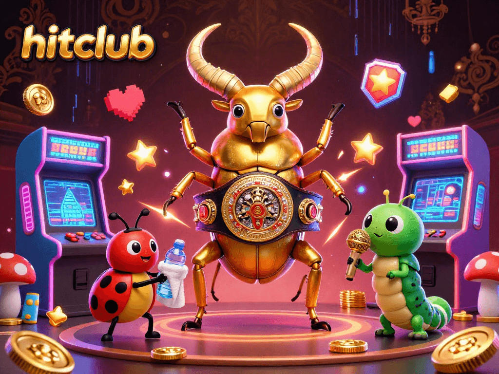 Experience the thrill of hitclub with a dynamic 3D visualization of gaming action featuring an epic beetle boxing match.