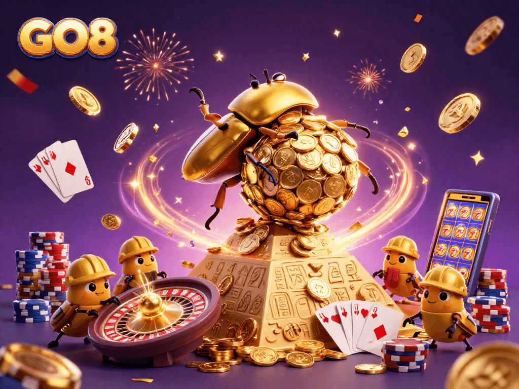 Experience thrilling action with GO8 as the golden beetle rolls coins in a vibrant casino scene.