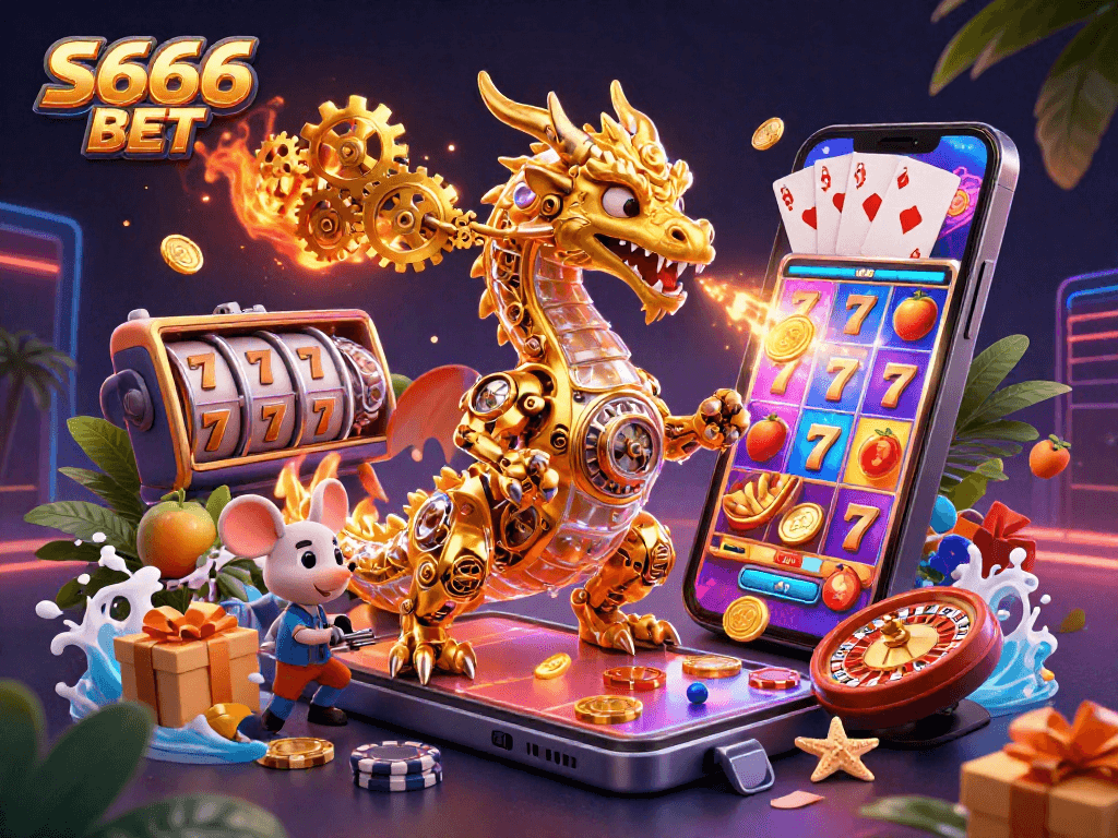 S666 BET players enjoy vibrant slot games with a golden dragon and dynamic gaming elements