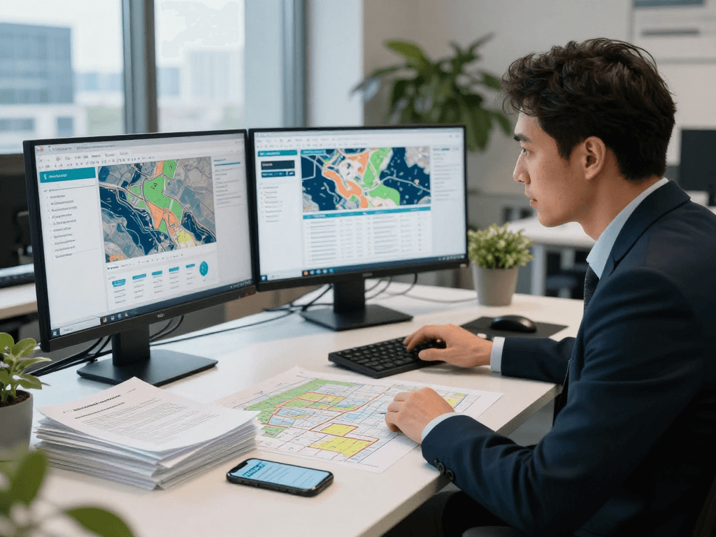 Consultant working on data security strategies for Vermessungsbüros und ÖbVI in a modern office