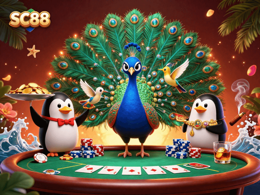 Engage with SC88's vibrant casino scene featuring an aristocratic peacock, a butler penguin, and a hummingbird in action.
