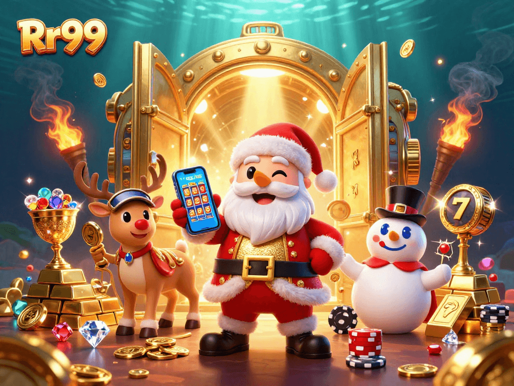 Experience Rr99's excitement with animated casino characters and lavish treasure elements.