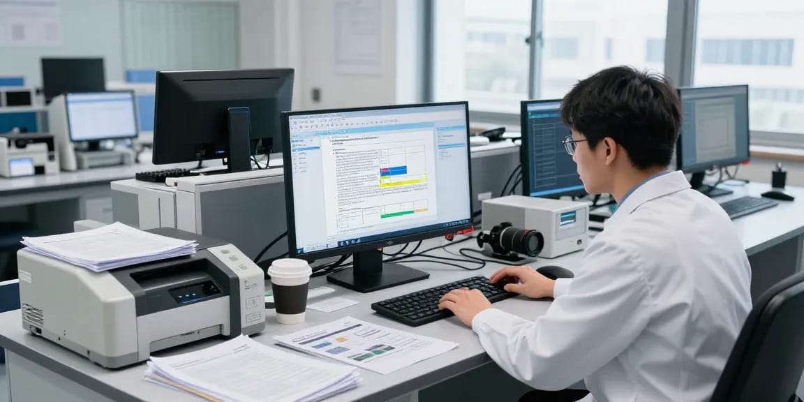 Forensic analyst examining document fraud detection results on a computer screen, highlighting discrepancies.