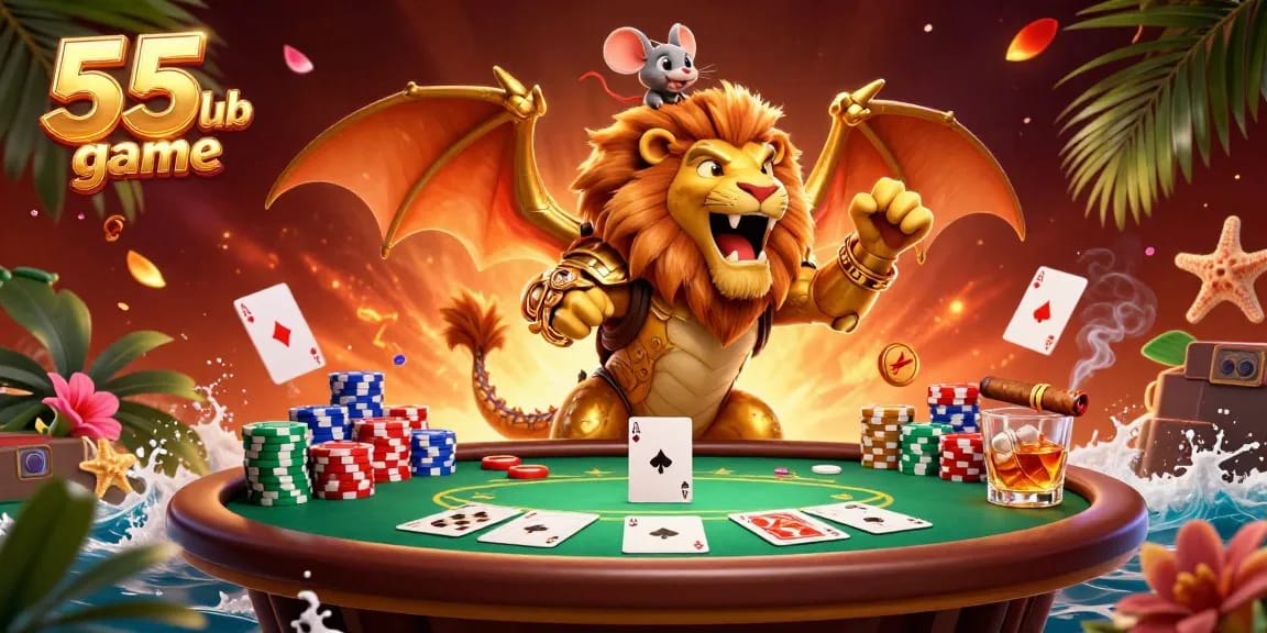 Experience the excitement of the 55 club game with a dynamic 3D illustration of a chimera and poker elements.