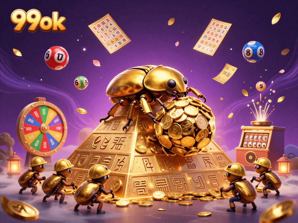Experience the thrill of 99ok with vibrant lottery scenes featuring gold coins and colorful balls.