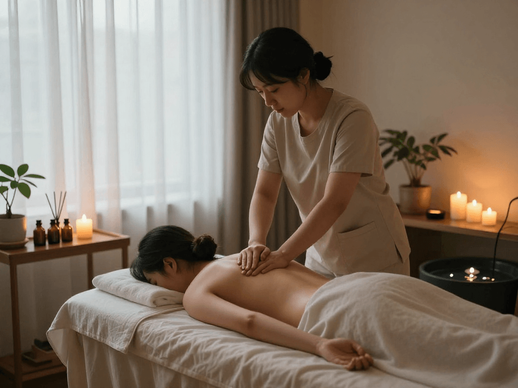 Relaxing 부천출장마사지 session in a tranquil wellness room with candles and soothing ambiance.