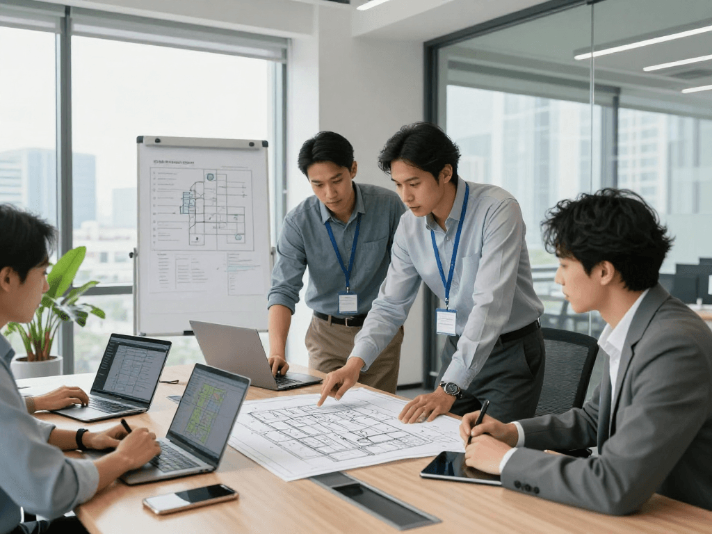 Vermessungsbüros und ÖbVI-Team bei der Zusammenarbeit an digitalen Plänen und Karten in einem modernen Büro.