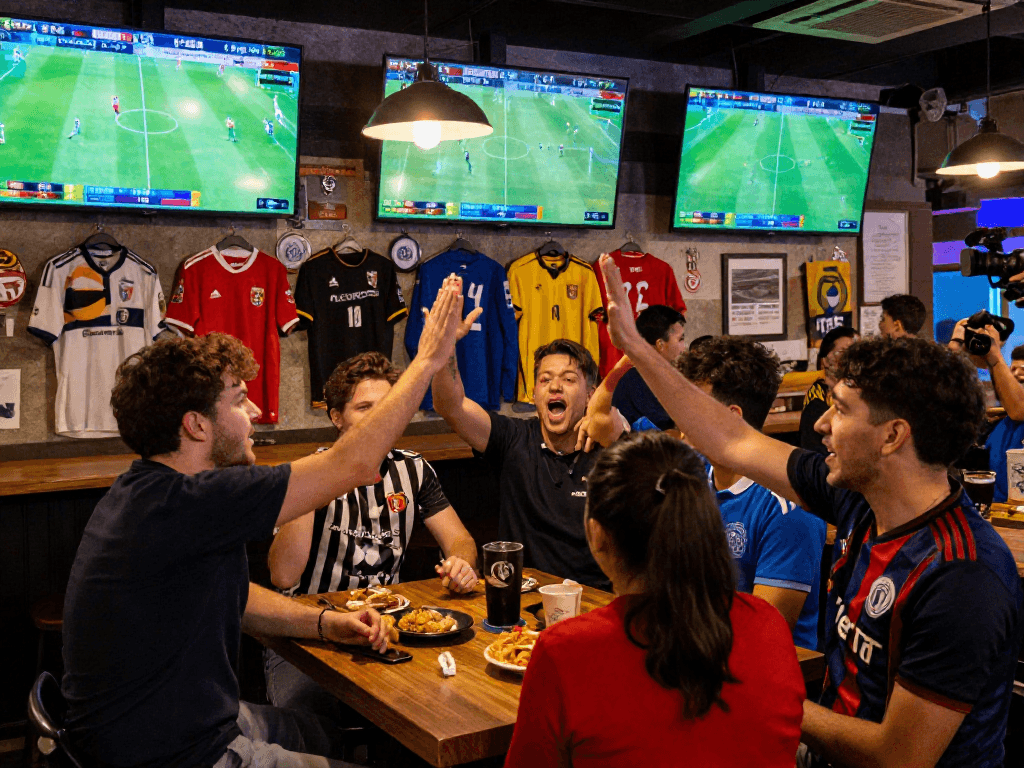 Fußballwetten WM: Fans diskutieren leidenschaftlich über Quoten und Spiele in einem lebhaften Sportbar.