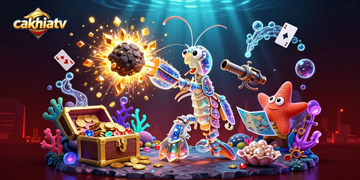 Cakhiatv offers an exciting visual of a galactic samurai mantis shrimp bursting through an asteroid, showcasing online gambling's thrilling spirit.