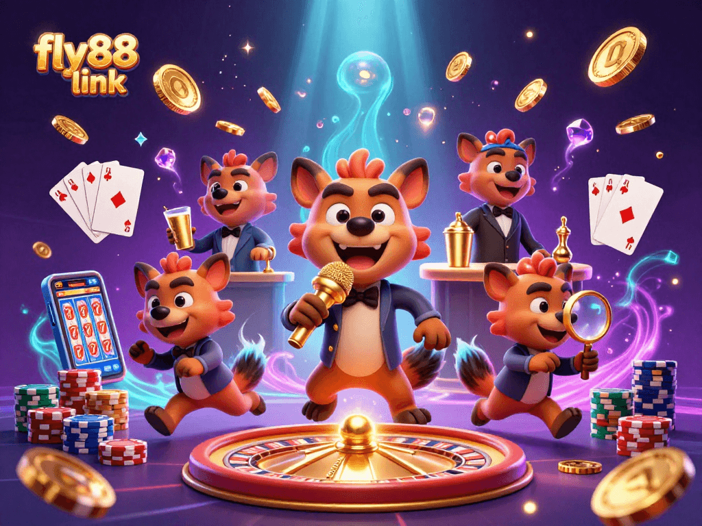 Experience the fun at fly88 link casino featuring hyenas in a vibrant comedy scene with golden casino elements.