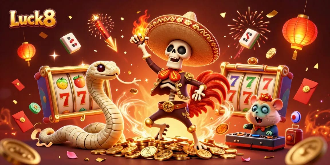 Luck8 captures the excitement of winning with a vibrant casino celebration scene featuring playful characters.