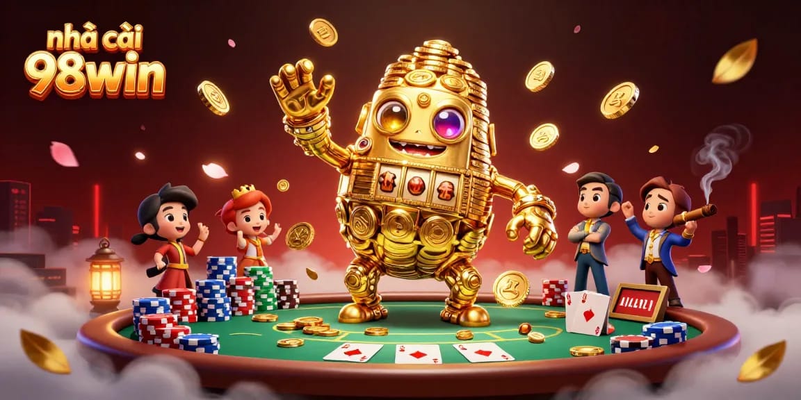 Engaging gameplay with nhà cái 98win, showcasing rich casino elements and a golden golem.