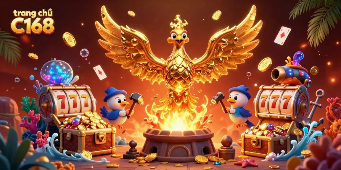 Play exciting games at trang chủ C168 while enjoying the vibrant 3D illustration of the golden phoenix.