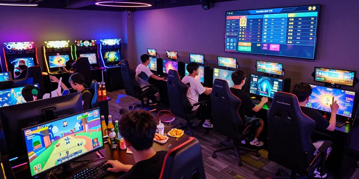 B52 gaming enthusiasts immersed in a vibrant digital arcade atmosphere