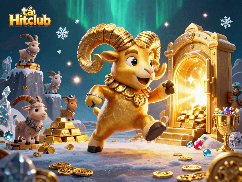 Engage in the vibrant world of tải Hitclub with an exciting golden ram illustration brimming with treasures.