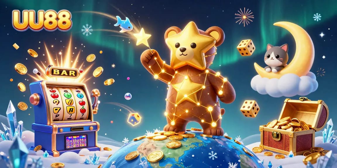 UU88 brings excitement with a golden constellation bear and jackpot-filled slot machine in a vibrant casino scene.