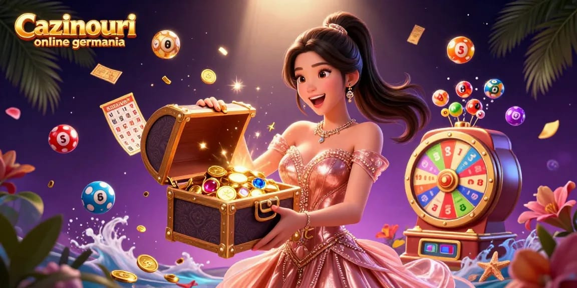 Cazinouri online germania presents a dazzling treasure chest overflowing with winnings, surrounded by dynamic lottery elements and vibrant colors.