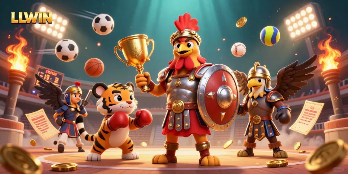 LLWIN features a dynamic illustration of a gladiator rooster in an exciting digital casino scene.