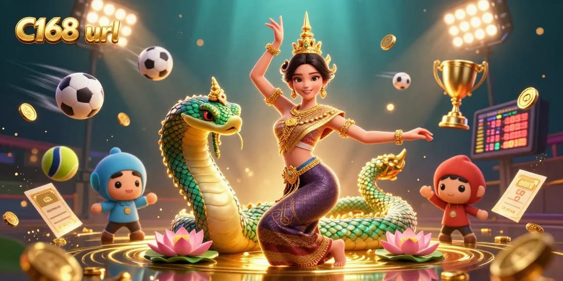 Engage in thrilling casino action with C168 url, featuring vibrant Thai dancers and dynamic sports elements.