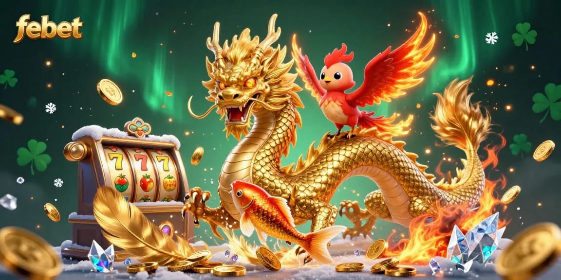 Experience thrilling gameplay at febet with a golden dragon, phoenix, and koi fish amidst abundant coins.